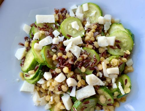 riso rosso integrale, lenticchie rosse decorticate, parmigiano in pezzi e zucchine